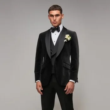 Черно кадифе шал ревера един бутон костюми за мъже Официален абитуриентски парти банкетни костюми сватба младоженец най-добър мъж смокинг 3 парче комплект