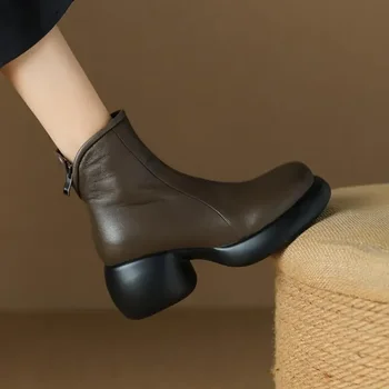 Дамски къси ботуши 2024 Нова зимна естествена кожа дебела подметка британски стил удобни модни ботуши улица ходене ежедневни обувки