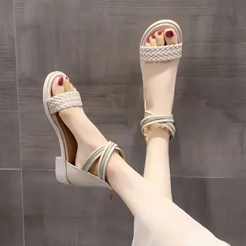 2023 Летни дамски сандали плоски ниски токчета елегантни отворени обувки парти дами за жени размер 39 Sandalias Mujer Q105