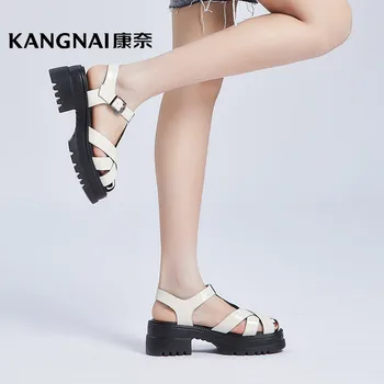 Kangnai гладиаторски сандали дамски обувки крава кожа плоска платформа покритие пръсти глезена каишка женски случайни летни обувки
