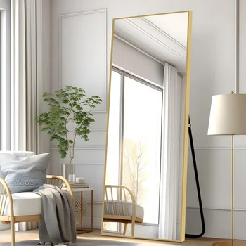 Огледало в цял ръст, висящо вертикално или срещу стената, огледало, монтирано на стената, рамка от алуминиева сплав, тъпо злато