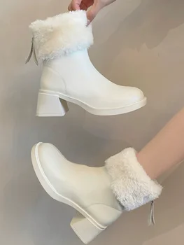 Zipper бели глезена ботуши кръг пръсти ботуши-жени женски обувки сабо платформа плюшени зимни обувки ниска 2023 висок ток рок дами