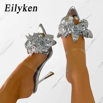 Eilyken лято PVC прозрачен цвете секси заострени пръсти тънки токчета чехли жена рокля парти мулета пързалки обувки zapatos de muje