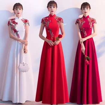 Плюс размер 4XL женски дълго Qipao китайски стил бродерия апликация официална парти рокля ретро елегантен A-линия плисирана рокля Vestidos