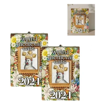 Странни средновековни котки календар 2024 календар висящи за офис дома подарък покритие хартия