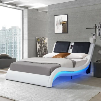  кожена тапицирана платформа легло рамка с led осветление, Bluetooth връзка за възпроизвеждане на музика / RGB контрол