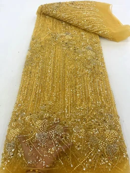 Луксозен африкански тежък 3D Beaded 2024 Висококачествени нигерийски пайети с перлена дантела френски младоженец тюл плат за парти рокля XC