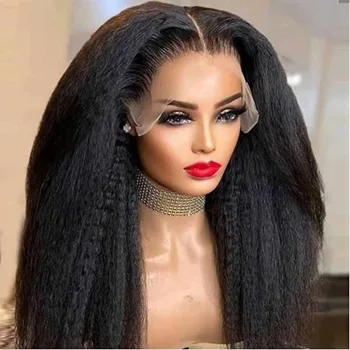 Извратени права перука 20-30inch Yaki права дантела предна перука топлоустойчиви синтетична коса без лепило пълна дантела перуки за черни жени