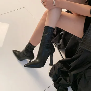 Черни жени глезена ботуши жена тънък висок ток мода посочи пръсти цип зимни дамски обувки кожа бели къси ботуши