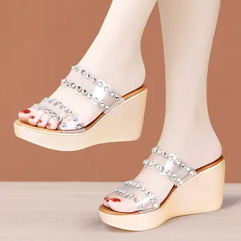 Малък размер 32-43 Приличен прозрачен кристал сватбени обувки жени летни слайдове 2023 високи токчета платформа клинове слайдове офис