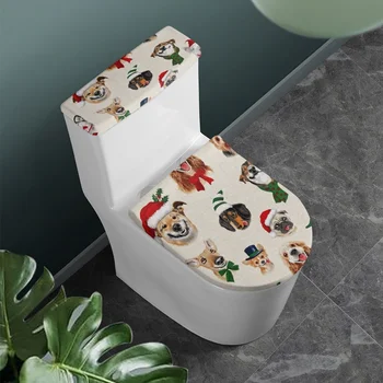 Комплект тоалетни капаци за баня Коледно куче котка тоалетна капак протектор резервоар прах капак с еластичен ръб тоалетни аксесоари