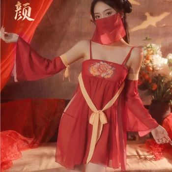 Реколта марля червено ханфу пола божур модел елегантни жени секси бельо китайски традиционни антични прашка рокля ръкав воал комплект