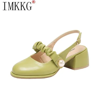 Mary Jane обувки плисирани дамски сандали 2022 Нов летен кръг Toe плитки зелени дебели обувки на висок ток рокля Sandalias Mujer