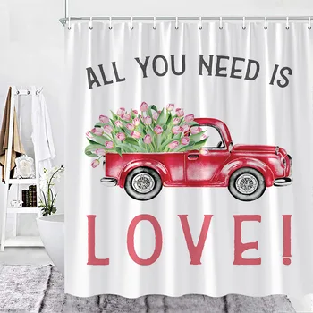 Свети Валентин отпечатани баня декор душ завеси червен камион цвете плат куки ретро баня завеса кука аксесоар за баня
