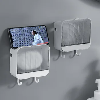  Вертикална прахоустойчива сапунена чиния с капак Източване на сапун Баня Без нокти Без стена Висящ държач за сапун Creative Soap Rack