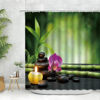 Зелени бамбукови листа душ завеси пролетни растителни листа пейзаж модел баня декор аксесоари кърпа висящи баня завеса комплект