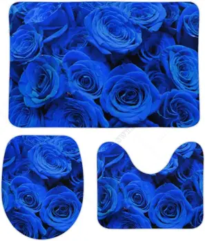 Килими за баня Комплект 3 броя сини рози Килим за баня Мат Комплект, без хлъзгане абсорбиращ декор за баня Мат, капак на тоалетната & U форма