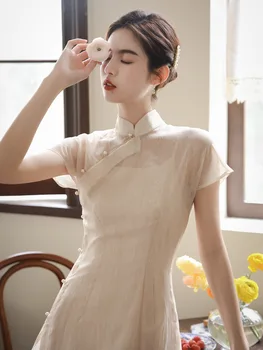 Нов китайски Cheongsam подобрена рокля с престилка реколта рокля елегантни женски сватбени костюми един комплект дълго Qipao S до 2XL