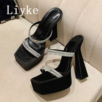 Liyke Runway мода блясък кристали жени буци платформа високи токчета чехли квадратни пръсти страна стриптизьорка слайдове обувки сандал
