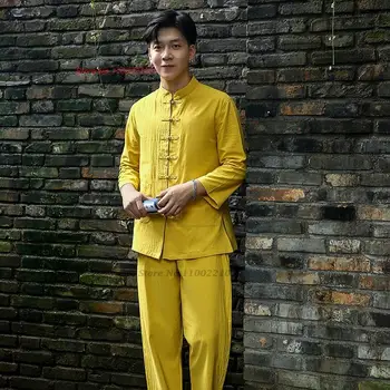 2024 китайски традиционни мъже медитация костюм реколта памук бельо ханфу блуза + панталони комплект ориенталски будистки кунгфу тай чи комплект