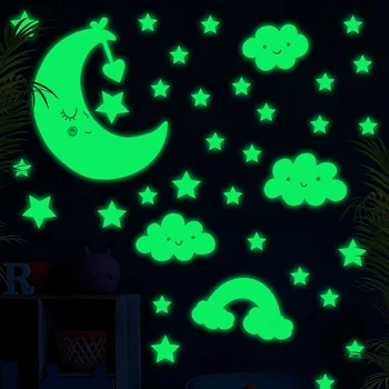 Cartoon Moon Stars Светещи стикери за стена светят в тъмната стена Ваденки за бебета Детски стаи Спалня Таван Начало Декор Wallpaper