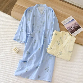 Пролетен и летен стил кимоно нощница за мъже и жени 100% памучна марля тънка свободна задушена халат за баня Двойка халат Home Service
