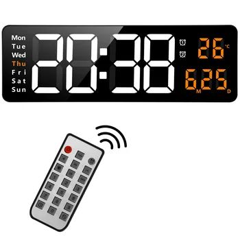 13 INCH цифров стенен часовник Голям LED дисплей Дистанционно управление Автоматична яркост Вътрешна температура Дата Седмица 12/24H Домашен офис