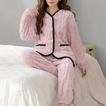 Дамски пижамен комплект уютен зимен домашен костюм плюшен цвят съвпадение пижама комплект с V деколте палто ластик панталони за жени мек плюш