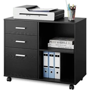 3-чекмедже дърво файл кабинет,принтер щанд с отворени рафтове за съхранение за домашен офис, мобилни странични картотека, черен