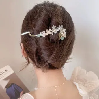 Изящни праскова цвете перла щипка за коса жени кристали пеперуда нокти за коса за момичета луксозни елегантни шноли аксесоари за коса
