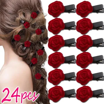 Мода кадифе червена роза щипка за коса френски сладко момиче Боби щифт Hairside сладко цвете фиба сватба булката шапки аксесоари