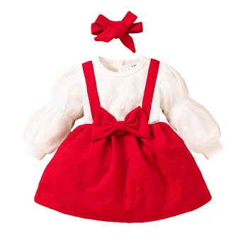 Свети Валентин Бебе момиче рокля малко дете бебе фалшив две парчета облекло дълъг ръкав лък декор A-линия рокля лента за глава