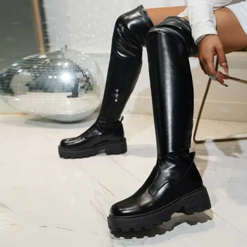 Обувки за жени 2023 Нови черни матови дамски ботуши над коляното Увеличаване на височината Отслабване Дамски високи ботуши Botas Altas Mujer