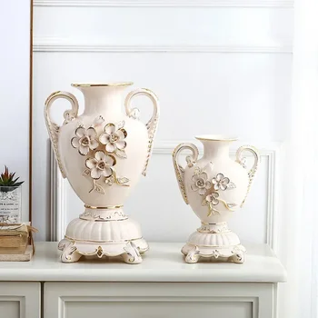 Европа позлатена слонова кост порцеланова ваза реколта напреднали керамични цвете ваза за стая проучване коридор дома сватбена украса