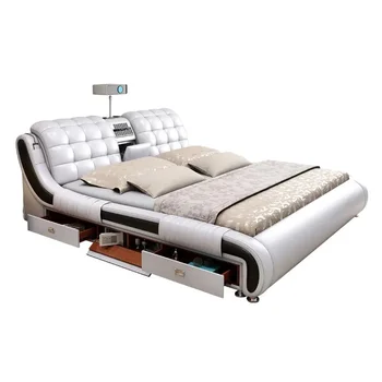Интелигентно масажно кожено легло, модерна и проста родителска спалня двойно легло, многофункционален проектор с място за съхранение