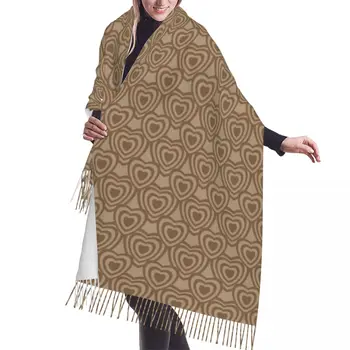 Кафяв Y2k сърца модел шал обвивам жени дълга зима есен топло пискюл шал унисекс мода универсални шалове