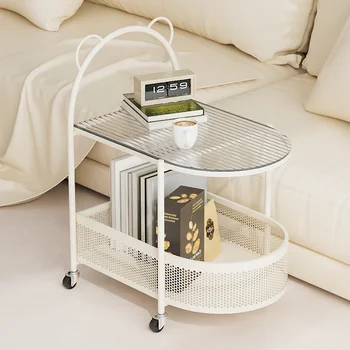 Hot Nordic Cream Цветни маси за кафе Мебели за хол Creative Mobile Wheeled Small Cart 2-слой Lounge Storage Rack