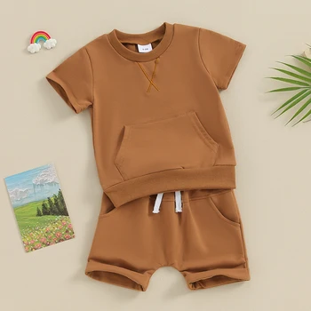 Малко дете бебе момче летни дрехи плътен цвят къс ръкав кръг врата тениска с къси панталони сладко бебе новородено облекло