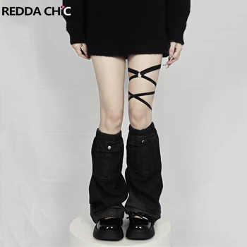 REDDACHiC Жените градиент черен деним крак нагреватели еластична лента функция джобове товар коляното дълги чорапи Harajuku Grayu Y2k Гайтер