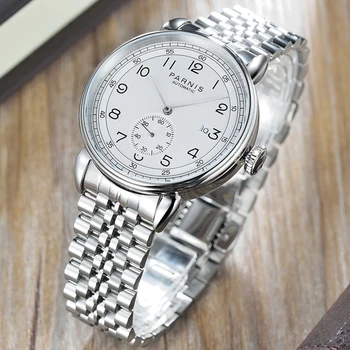 Fashion Parnis 42mm сребърен калъф Автоматичен механичен мъжки часовници Стоманена каишка календар Мъже водоустойчиви часовници reloj hombre подарък