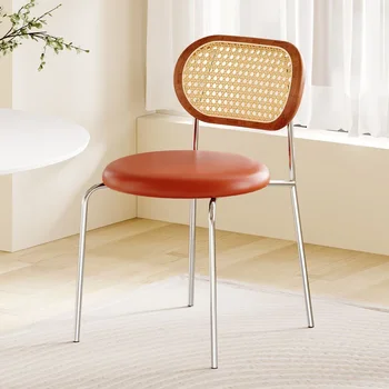 Реколта кафява кожа трапезни столове елегантен скандинавски ратан модерен луксозен нисък гръб трапезни столове метал арт деко мюблес мебели