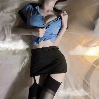 Жените секси бельо ролева игра полицай Топ чанта хип пола аниме косплей офицер униформа изкушение авиокомпания стюардеса костюм