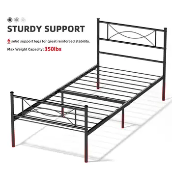 Kids Twin Size Metal Platform Bed with Bowknot Headboards Easy Assembly (Матракът не е включен), черен