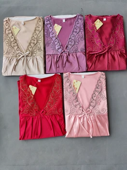 Пролетна есен копринена пижама комплект нова марка летни дамски нощници елегантни дамски спално облекло бродирани розово, каки, лилаво, бежово, червено