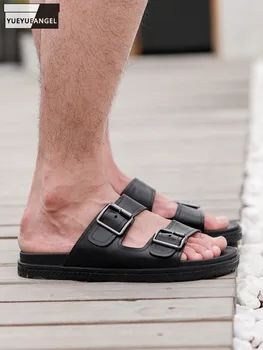 Телешка естествена кожа чехли мъже извън Bcukle ежедневни плажни обувки дебела платформа против плъзгане приплъзване на дишаща чехъл