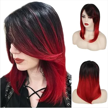 HAIRJOY Синтетична коса Жени Ombre Черно Червена перука Средно дълги Права странична част перуки