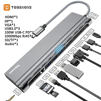Tobenone докинг станция USB C хъб разшири 2 монитор лаптоп стойка с USB HDMI SD / TF адаптер конвертор док за Windows MacOS