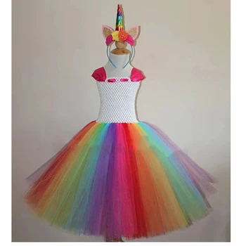 Rainbow еднорог принцеса Tutu рокля бебе деца момичета пухкав тюл рожден ден рокли Хелоуин конкурс костюм комплект за дете