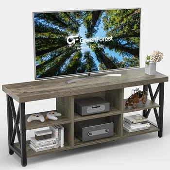 Стойка за телевизор до 65 инча Развлекателен център с 6 шкафа за съхранение на мебели за хол Сиви рафтове за стена PS5