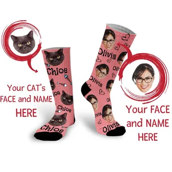 Персонализирано име на главата на домашния любимец Чорапи за котка мама, несъответстващи чорапи, персонализирани чорапи за лице на домашни любимци, персонализирани чорапи за любители на котки Подаръци